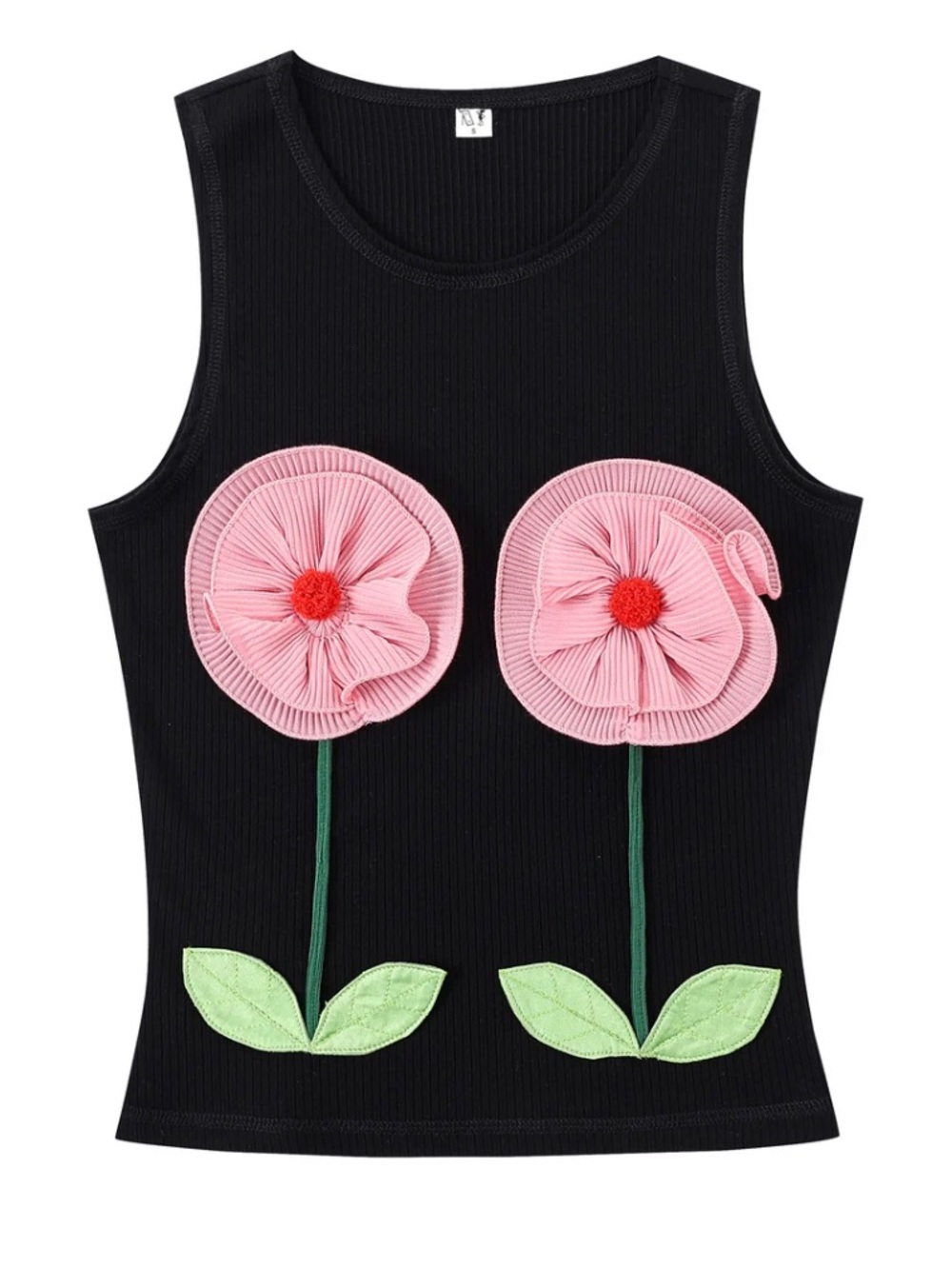 Fashion Brand Company Ribbed Tank Top with Pink Flower Appliqué - Black Size L